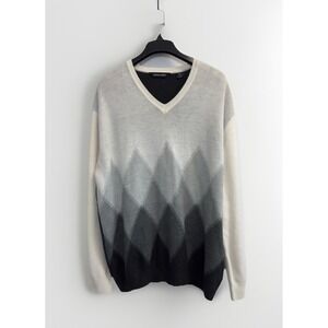 Pierre Cardin Sweater Mens XXL White Gray Black Argyle V Neck Pullover Ombre